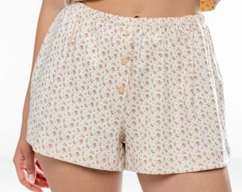 Katoenen pyjamashort: gebloemde nachtkleding voor dames, zachte loungebroek