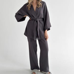 Mousseline katoenen pyjamaset: kimonobadjas en loungebroek voor dames, nachtkleding