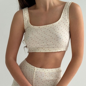 Floral Cotton Crop Top: Soft Ribbed Tank Bralette for Women Loungewear