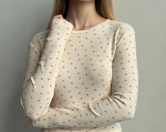 コットン長袖パジャマトップス：女性用ソフトフローラルラウンジウェア