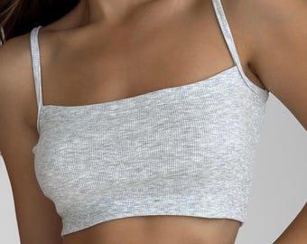 Ribbed Cotton Blend Crop Top: Natural Pajama Tank for Loungewear