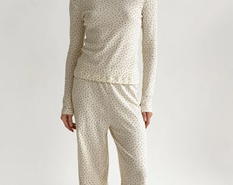 Pijama de algodón orgánico de pointelle: pijama suave de manga larga para mujer.