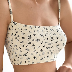 Cotton Ribbed Crop Top: Floral Tank Loungewear Sleepwear Shirt