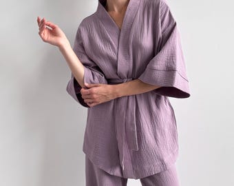 Muslin Pajama Set: Kimono Robe & Pants, Women Summer Lounge Wear