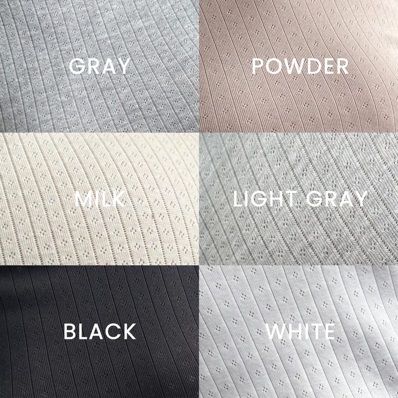 May include: A selection of six fabric samples in shades of grey, powder, milk, light grey, black, and white. Each fabric has a ribbed design with small, perforated holes. The colour names are printed in white text on each swatch.