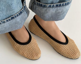 Women’s Woven Straw Ballet Flat Slippers: Breathable Mesh House Shoes & Vacation Flats
