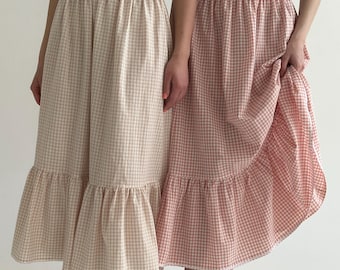 Gingham Cotton Midi Skirt: Cottagecore Casual Skirt for Boho Womens Clothing