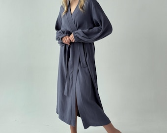 Bath Robe Womens Sleepwear Getting Ready Outfit Long Robes Cotton PJs Muslin Pajamas Dorm Wear Dressing Gown Morning Robe Boho Roommate Gift