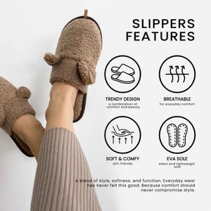 Peut inclure: Des chaussons bruns en forme d'ours en peluche avec des oreilles. L'image comprend le texte "SLIPPERS FEATURES" et d&eacute;crit les chaussons comme tendance, respirants, doux et confortables, avec une semelle en EVA.