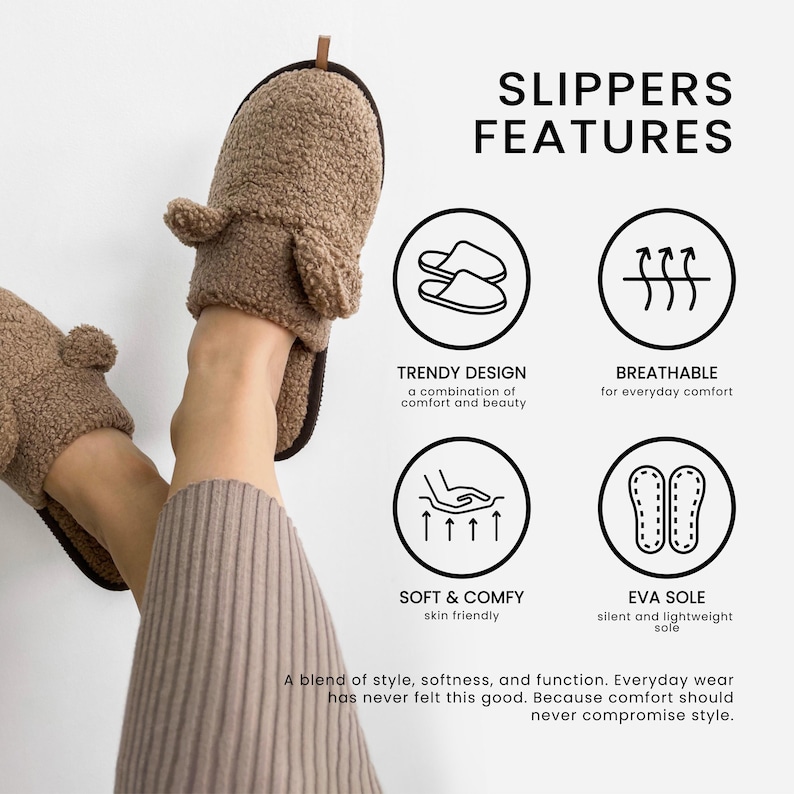 Peut inclure: Des chaussons bruns en forme d'ours en peluche avec des oreilles. L'image comprend le texte "SLIPPERS FEATURES" et d&eacute;crit les chaussons comme tendance, respirants, doux et confortables, avec une semelle en EVA.