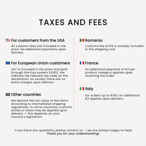 May include: A white background with text explaining taxes and fees for international orders. Information is provided for customers in the USA, European Union, Romania, France, Italy, and other countries. The text includes a thank you message.
