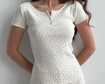 T-shirt da notte in cotone a coste con stampa floreale, top da relax in stile cottagecore