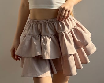 Katoenen minirok met ruches – gelaagde hoge taille, lounge en casual