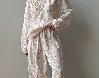 Conjunto de pijama de algodón floral: camisa de verano y pantalones bombachos