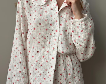 Floral Muslin Cotton Pajama Set: Women's Lounge Sleepwear