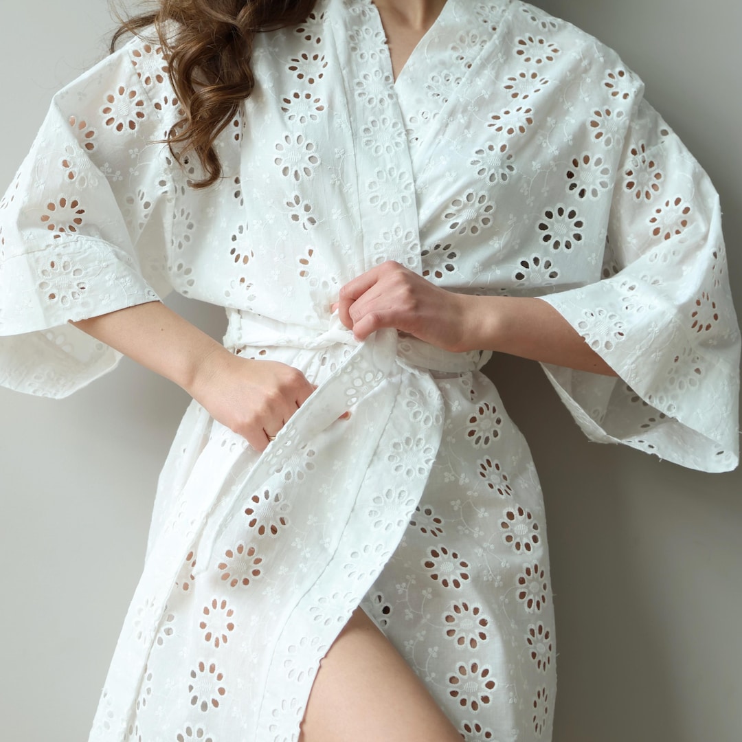 kimono dressing gown cotton women's bath robes and gowns This Pure Cotton Boho Men Kimono Robe White Eyelet Cotton Kimono Robe: