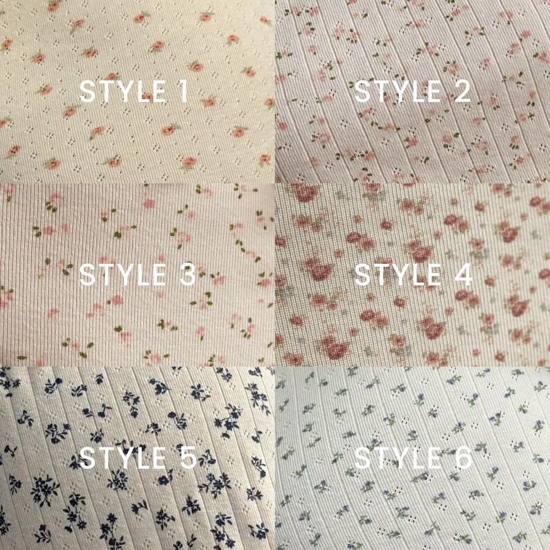 K&ouml;nnte beinhalten: Sechs Stoffmuster mit floralen Designs. Die Stile 1, 2, 3 und 4 haben rosa Bl&uuml;ten, w&auml;hrend die Stile 5 und 6 blaue Bl&uuml;ten zeigen. Die Stoffe haben eine gerippte Textur und sind mit der Stilnummer versehen.