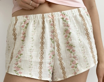 Floral Patterned Muslin Shorts: Loose Gauze Pajama Bottoms for Womens Summer Loungewear