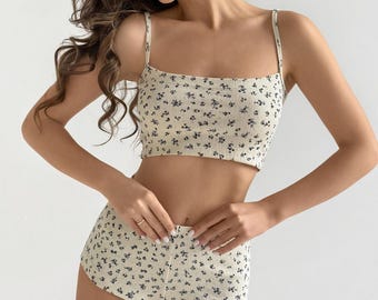 Cotton Pajama Set: Organic Crop Top and Shorts, Lightweight Women's Loungewear