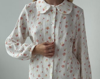 Blommig muslinpyjamaset: Bomullsmycke