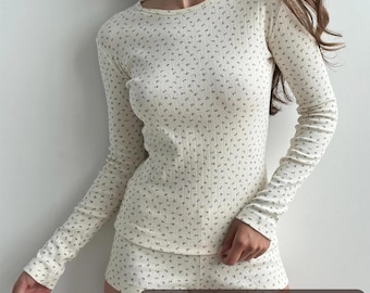 Baumwolle Pyjamas Langarm Top Weiches Loungewear Top Bio Kleidung Geschenk für Freundin Lounge Top Für Frauen Weiches Langarm Top Für Zuhause