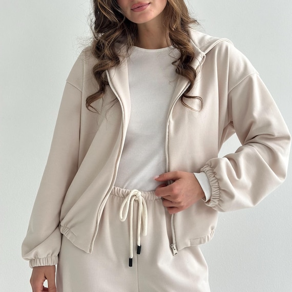 Cotton Zip-Up Hoodie Set: Loose Warm Lounge Sweatshirt for Women