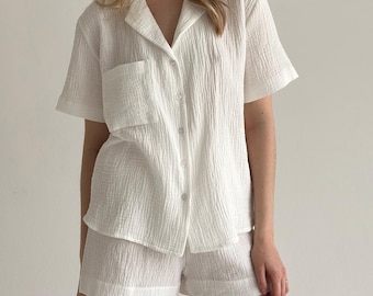 Muslin Cotton Pajama Set: Women’s Short Sleeve T-shirt and Shorts Lounge Set