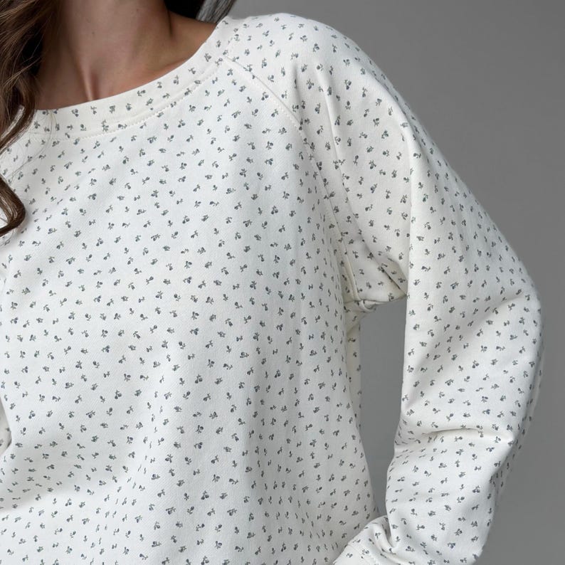 May include: Cream-colored long-sleeved sweatshirt with a small, all-over floral pattern in a muted gray. The crew neck and raglan sleeves offer a relaxed fit. The fabric appears soft and comfortable, suitable for casual wear.