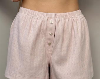 Pointelle Cotton Shorts: Organic Ribbed Pajama Bottoms for Womens Sleepwear