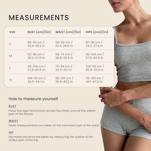 May include: A size chart with bust, waist, and hip measurements in centimeters and inches. Sizes range from S to XL. The chart includes instructions on how to measure the bust, waist, and hips. A person is wearing a gray tank top and shorts.