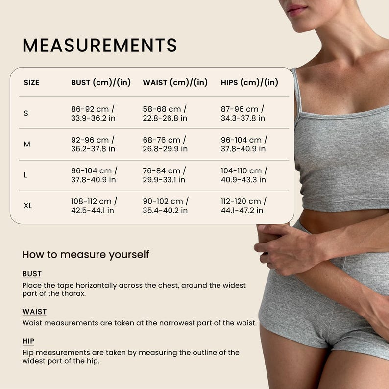 May include: A size chart with bust, waist, and hip measurements in centimeters and inches. Sizes range from S to XL. The chart includes instructions on how to measure the bust, waist, and hips. A person is wearing a gray tank top and shorts.