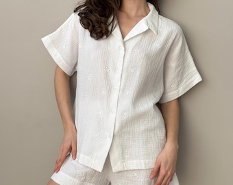 Muslin bomullspyjamaset, sommarmyskläder med broderi