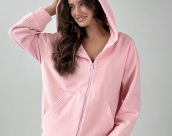 Moletom com capuz e zíper em algodão felpudo: roupa de descanso quente e oversized para mulheres