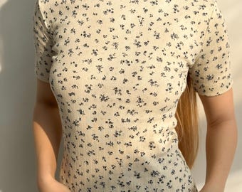 Geribbeld T-shirt van biologisch katoen met bloemen - Cottagecore-nachtkleding