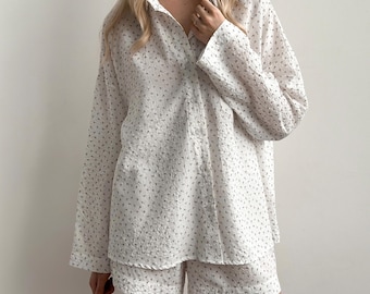 Conjunto de pijama de algodón: conjunto de estar por casa ligero con estampado floral