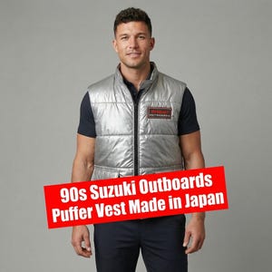 Vintage 90s Suzuki Outboards Silver Puffer Vest – Moto Racing Gilet - Size:  L– XL