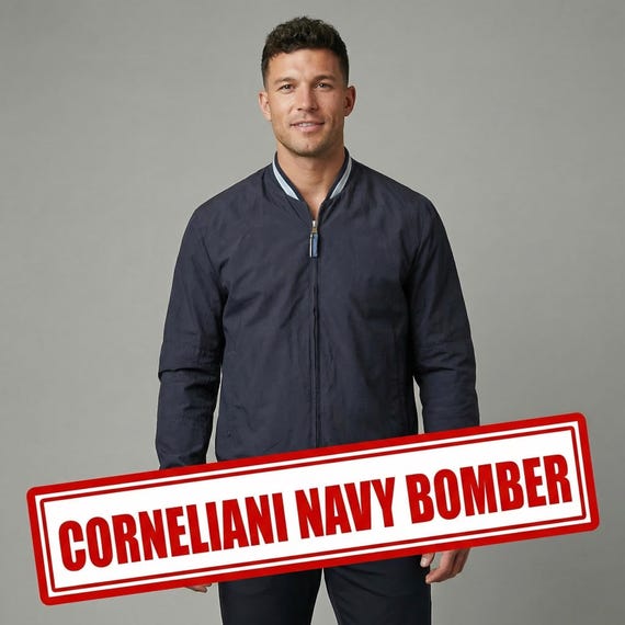 Corneliani, Men's CC Collection Corneliani Navy Bomber Jacket | Luxury Italian Cotton Windbreaker | Striped Ribbed Collar | Made in Italy | L (Short)