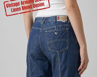 Vintage Armani Jeans Y2K Wide Leg Baggy Pants | 90s Archival Flared Linen Blend Denim | Retro Italian Designer Trousers | Waist 30