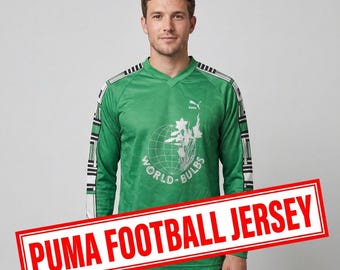 Vintage PUMA fotbollströja – sponsor av World Bulbs, grön #9, 90-tals fotbollströja (storlek M/L)