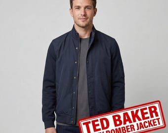 Jaqueta masculina leve Ted Baker, tamanho M – estilo bomber azul-marinho – jaqueta casual com zíper
