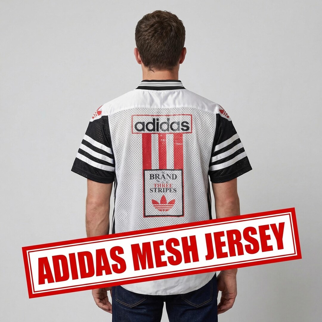 ビンテージ 90s adidas メンズL ユニフォーム　ストライプ　メッシュ Vintage Adidas 90s Mesh Jersey – Rare Black & White Sportswear