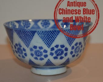Bol bleu blanc antique, Chine | Porcelaine de cuisine Ching | Poterie décorative Wabi Sabi à l'éponge