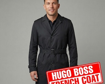 Hugo Boss Red Label Black Trench Coat – Belted Long Designer Raincoat (Size L)