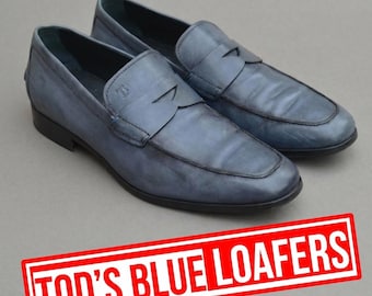 Tods Men's Blue Leather Loafers – Size 11.5 US, Pre-Owned