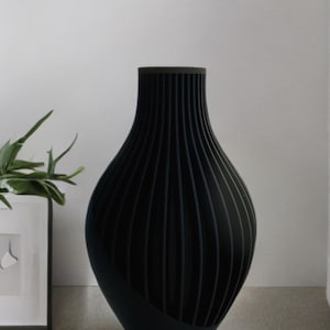 Op de afbeelding: Een zwarte vaas met een uniek, geometrisch ontwerp. De vaas is gemaakt van een glad, donker materiaal en heeft een brede, ronde basis.