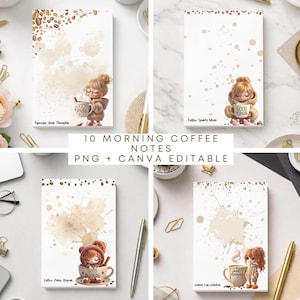 May include: A collection of four rectangular note pads featuring illustrations of a character with a coffee mug. Each pad displays coffee bean accents, watercolor splashes, and text including Espresso Your Thoughts, Coffee Sparks Ideas, Coffee Notes Repeat, and Warm Cup Wisdom.