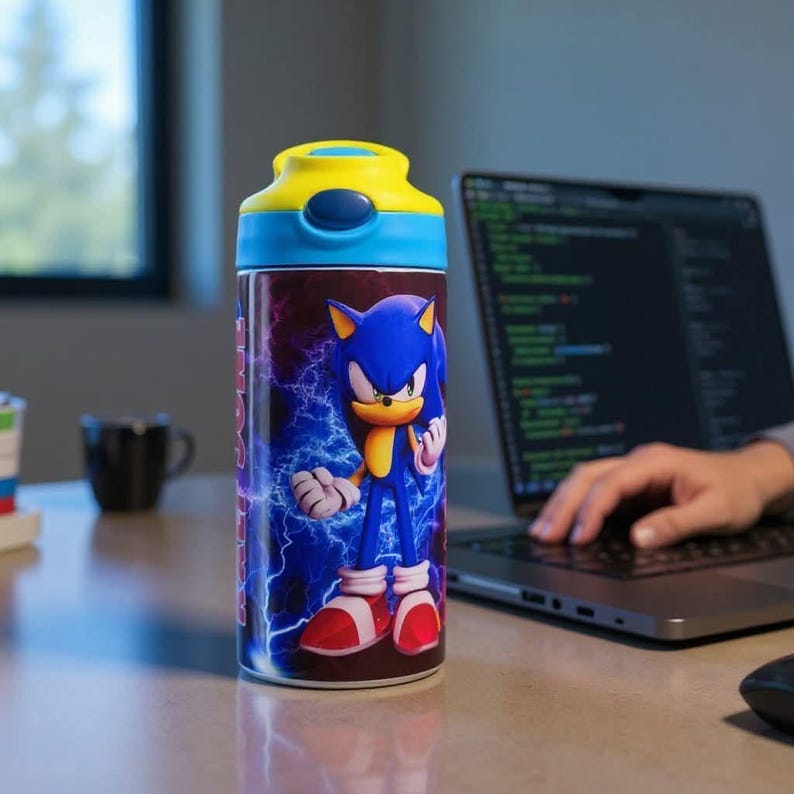 K&ouml;nnte beinhalten: Eine blaue und gelbe Wasserflasche mit der Figur Sonic the Hedgehog. Die Flasche hat einen blau-gelben Deckel und ein umlaufendes Design mit Sonic vor einem blauen Blitzhintergrund. Die Flasche steht auf einem Schreibtisch.