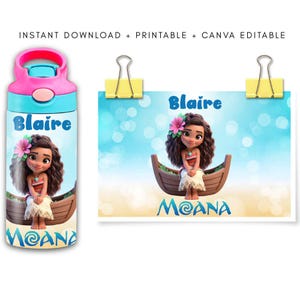 May include: A blue and pink water bottle and a matching print featuring a cartoon girl in a boat. The water bottle has the name "Blaire" and the word "Moana" printed on it. The print also has the name "Blaire" and the word "Moana".