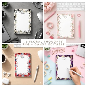 May include: A collection of four rectangular notepads featuring floral borders and the word Thoughts printed at the top. The designs include black and white, pink, red and blue, and purple floral patterns on white paper backgrounds.
