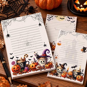 May include: Three white stationery pads with horizontal lines, decorated with Halloween motifs including spider webs, spiders, bats, pumpkins, ghosts, black cats, and mugs with skull designs. A black pen rests beside the paper stacks.